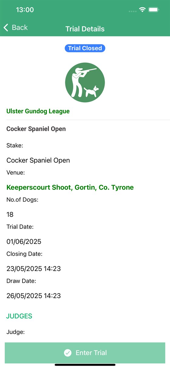 Gundog Club trial details screen showing stake, venue, dates and judges