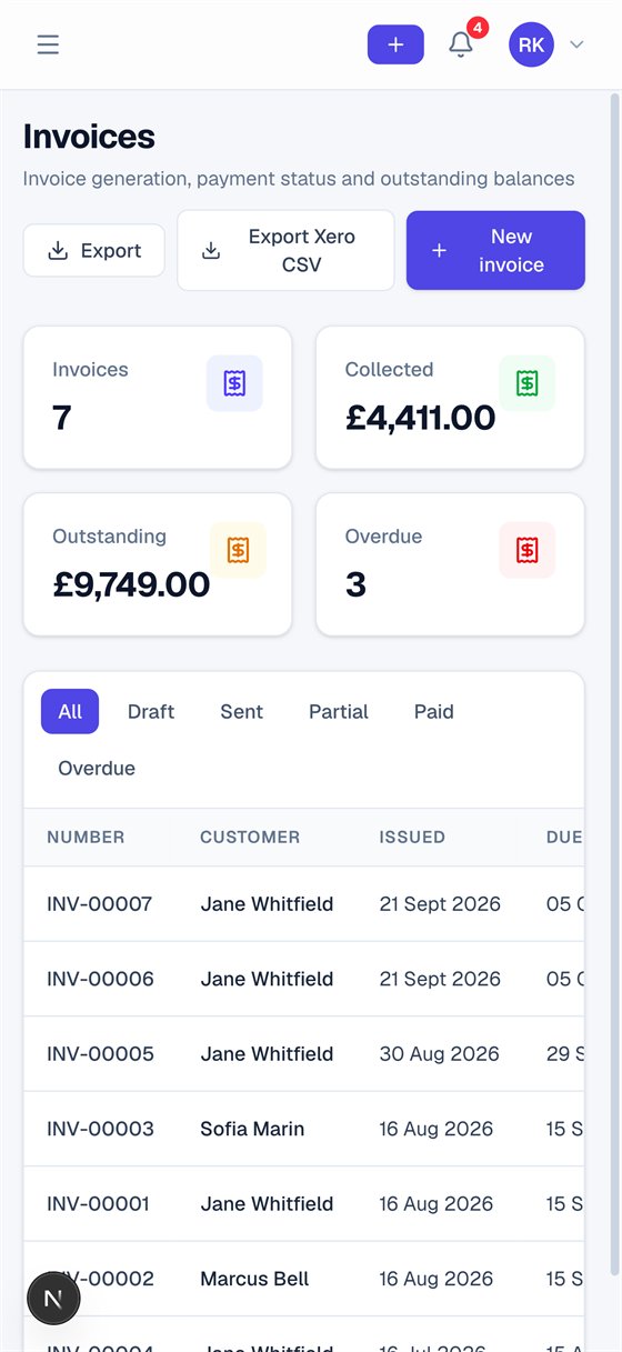 Invoized invoice list on a phone showing invoice count, collected, outstanding and overdue totals