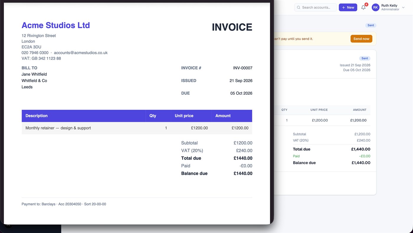 Branded Invoized invoice PDF showing company details, bill to, line items, VAT, total due and bank payment details