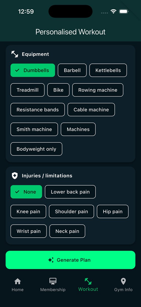 MacFit Club personalised workout builder selecting equipment and injury limitations