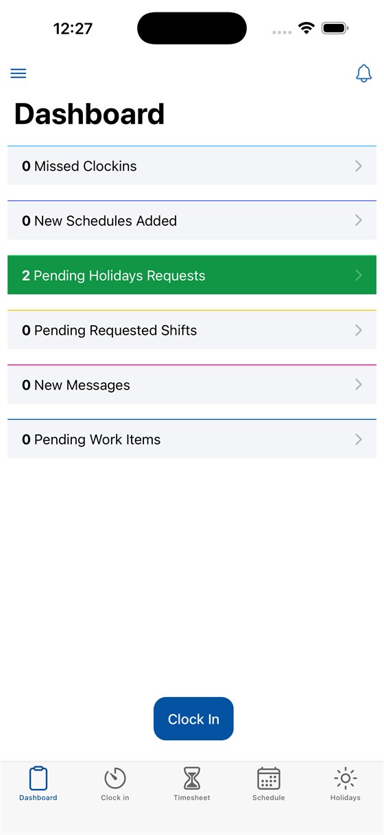 PGS Clock In dashboard showing missed clock-ins, pending holiday requests and messages