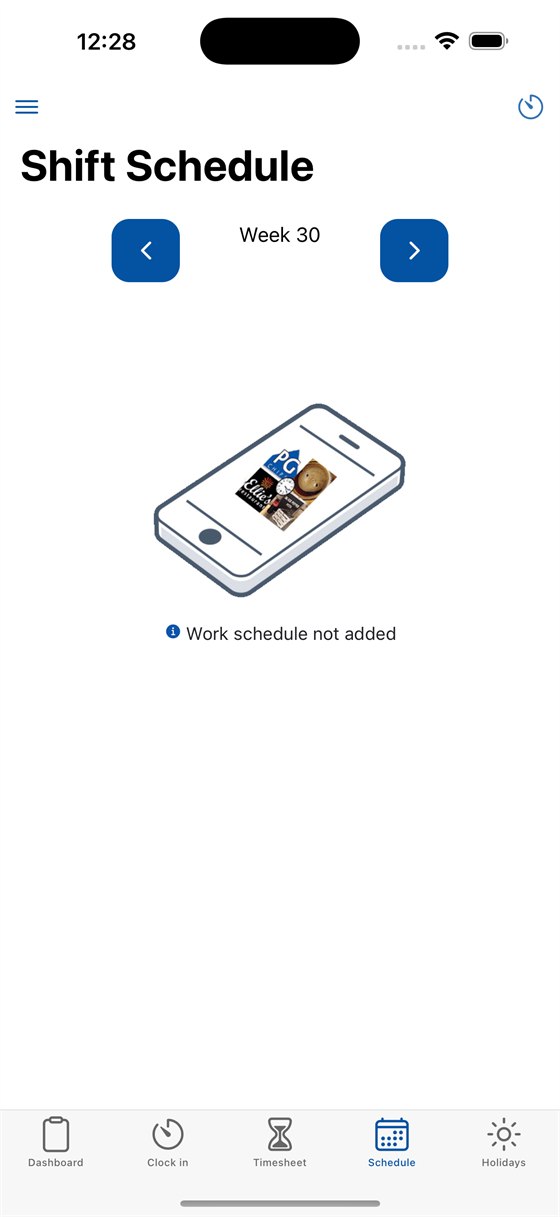 PGS Clock In weekly shift schedule screen