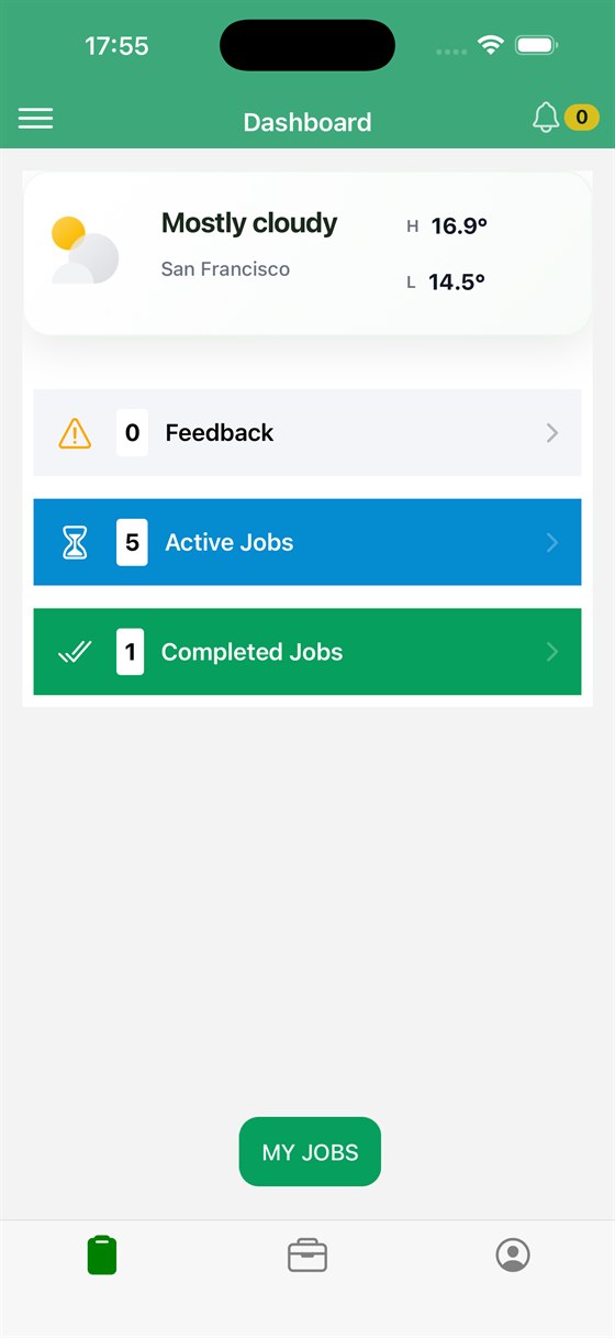 Construction app dashboard showing site weather, active jobs and completed jobs