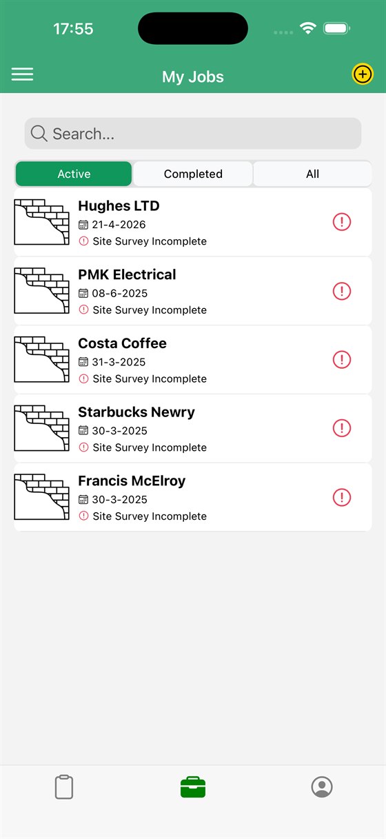 Job list filtered by active and completed, each showing client, date and survey status