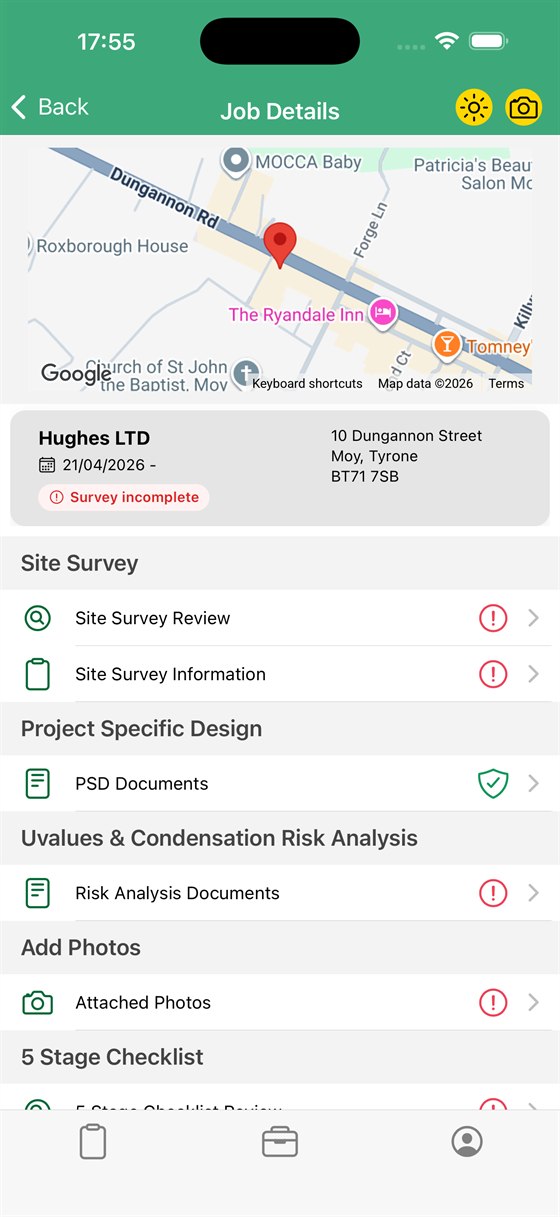 Job details screen with site map, client address, site survey, design documents, photos and a five stage checklist